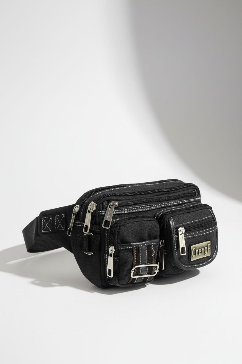 Fashionable Multi-layer Zipper Waist Bag Fanny Pack, Canvas Retro Basic Chest Bag Crossbody Bag - Men's Leather Crossbody Bag Black