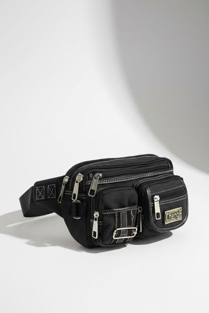 Fashionable Multi-layer Zipper Waist Bag Fanny Pack, Canvas Retro Basic Chest Bag Crossbody Bag - Men's Leather Crossbody Bag Black