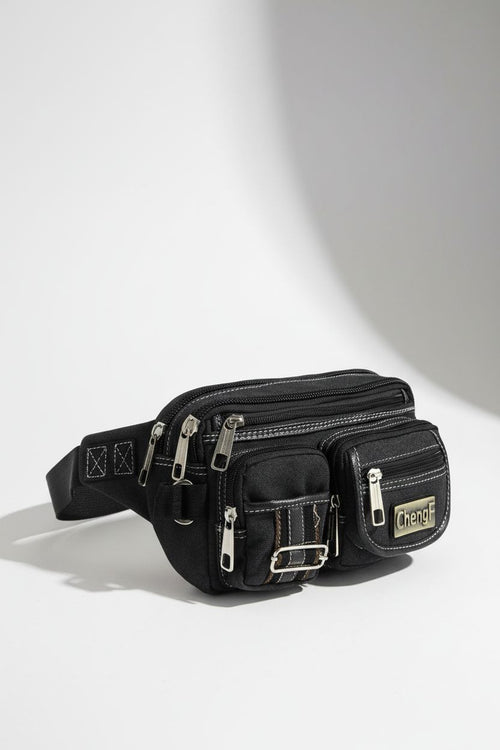 Fashionable Multi-layer Zipper Waist Bag Fanny Pack, Canvas Retro Basic Chest Bag Crossbody Bag - Men's Leather Crossbody Bag Black