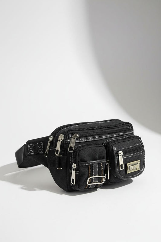 Fashionable Multi-layer Zipper Waist Bag Fanny Pack, Canvas Retro Basic Chest Bag Crossbody Bag - Men's Leather Crossbody Bag Black