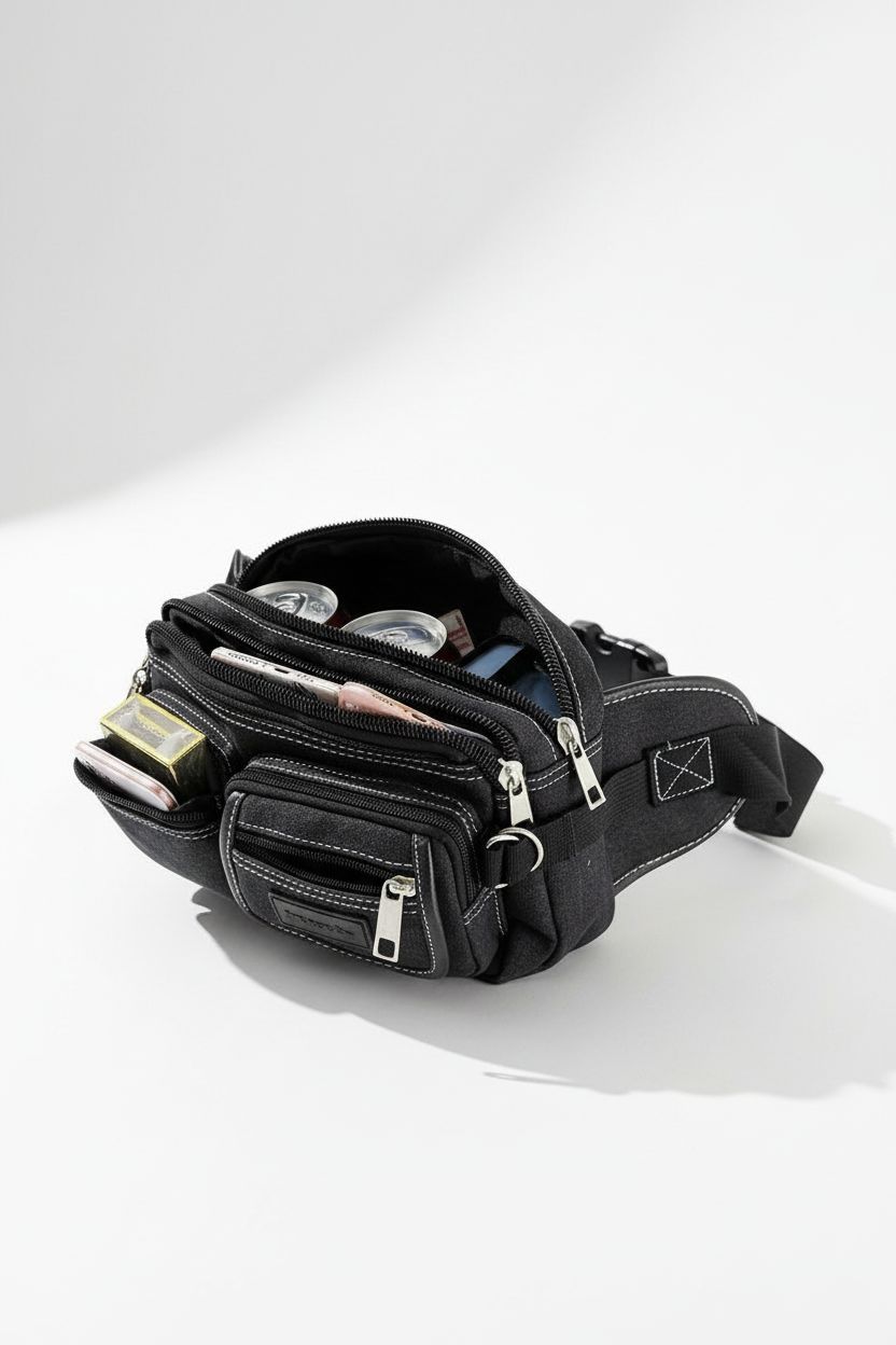 Fashionable Multi-layer Zipper Waist Bag Fanny Pack, Canvas Retro Basic Chest Bag Crossbody Bag - Men's Leather Crossbody Bag Black