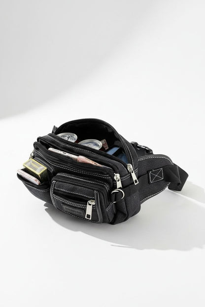 Fashionable Multi-layer Zipper Waist Bag Fanny Pack, Canvas Retro Basic Chest Bag Crossbody Bag - Men's Leather Crossbody Bag Black