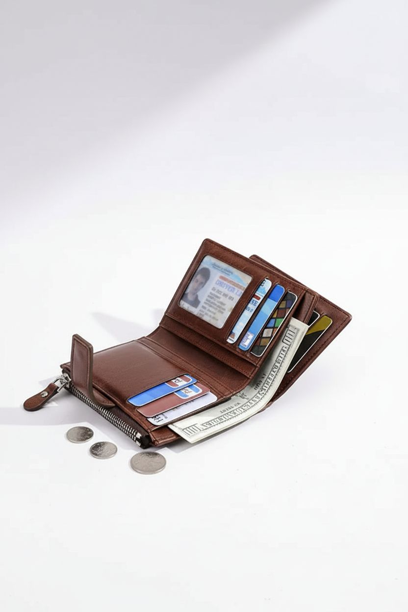 Card Holder Wallet LuxVault RFID — Zipper Genuine Leather - Card Slots and ID Window Detail