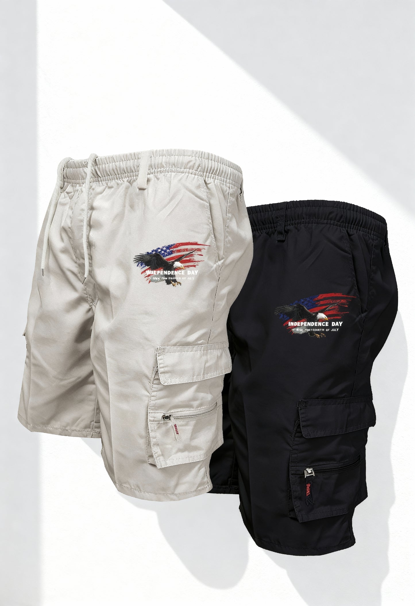 Men's Patriotic Cargo Shorts Set with Zipper Pockets