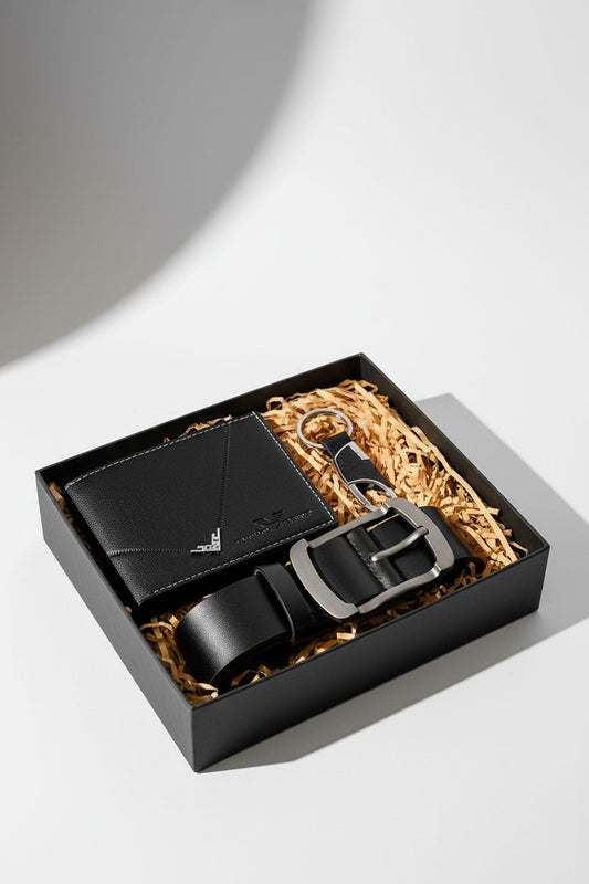 Men's Belt 3pcs Set, Stylish Business Wallet + Belt + Keychain Gift Box Combo, Perfect for Holidays and Office Wear, Ideal Present for Family, Loved Ones, Friends - Men's RFID Blocking Leather Wallet Black Three Piece Suit