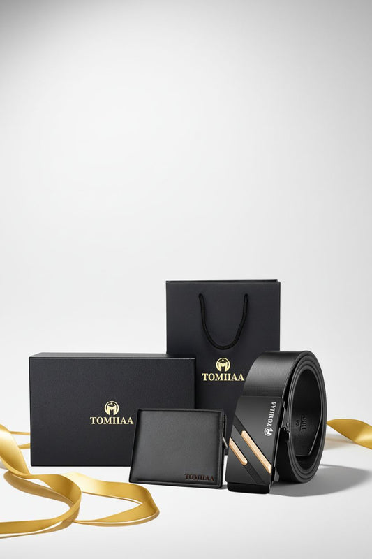 Set of 2 Genuine Leather Automatic Buckle Belt And Wallet for Men, Perfect Gift for Father, Husband, Or Boyfriend - Card Slots and ID Window Detail