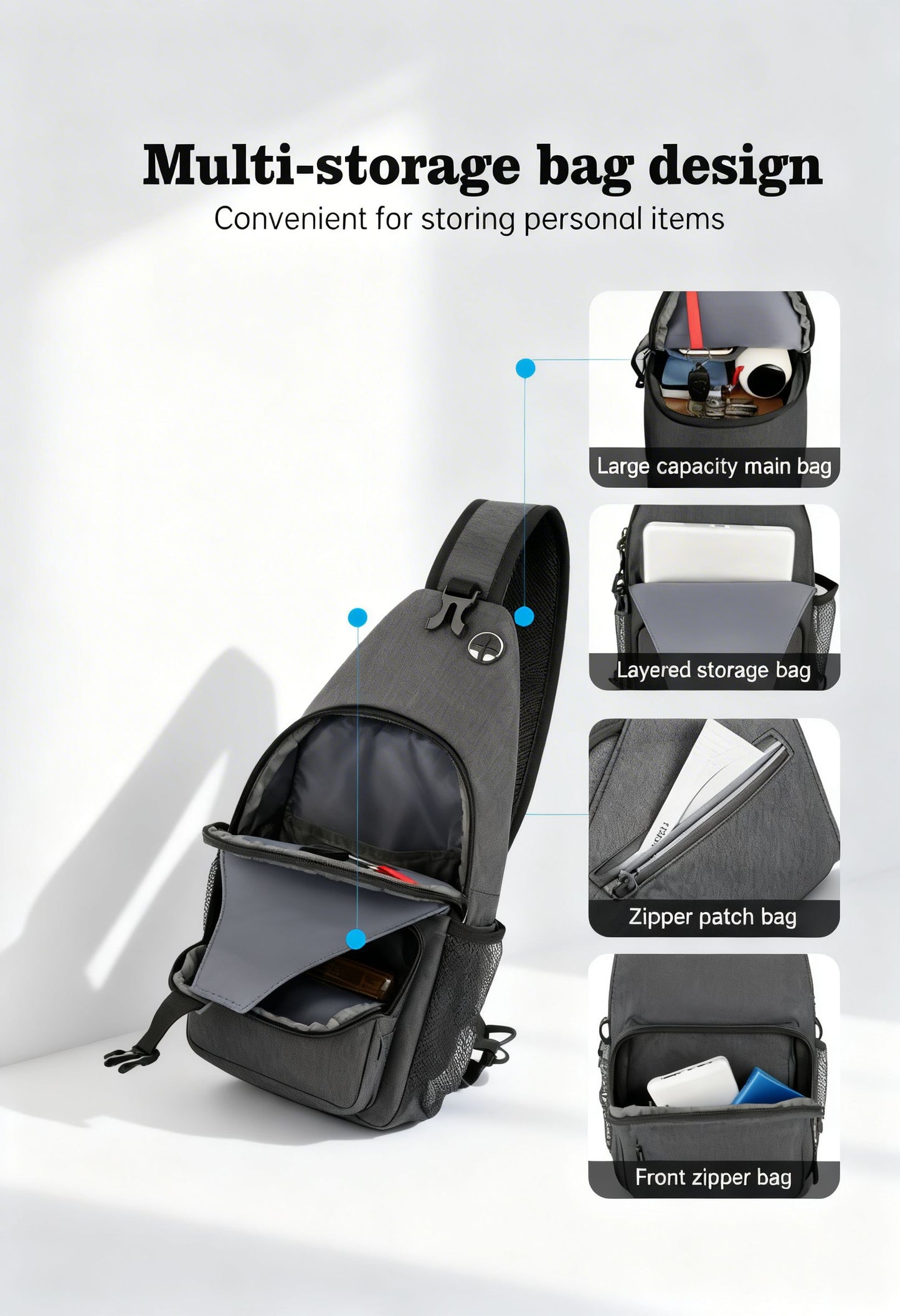 Sling Bag SlingSport Pro — Lightweight Outdoor Crossbody - Zipper and Hardware Close-Up