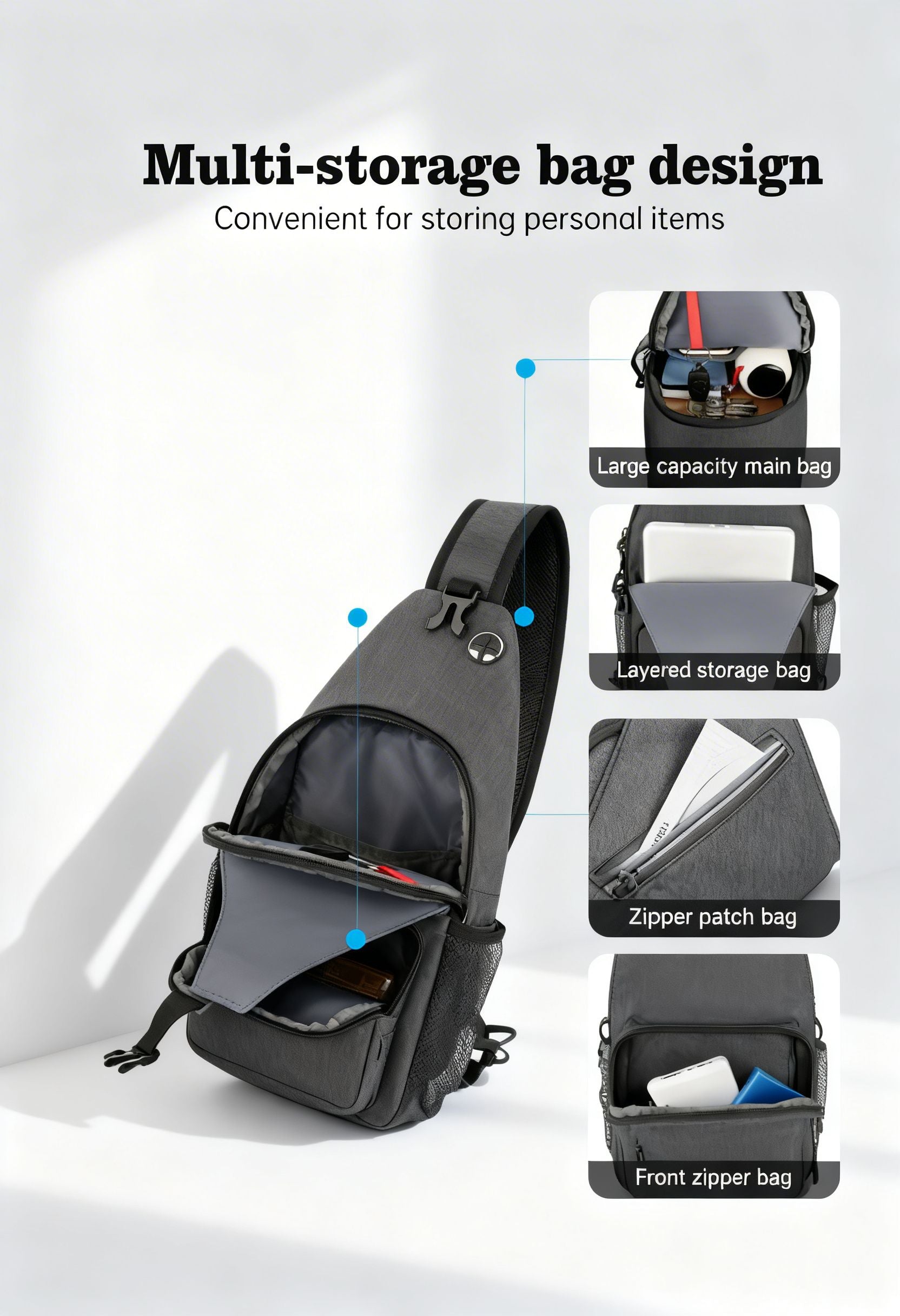 Sling Bag SlingSport Pro — Lightweight Outdoor Crossbody - Zipper and Hardware Close-Up