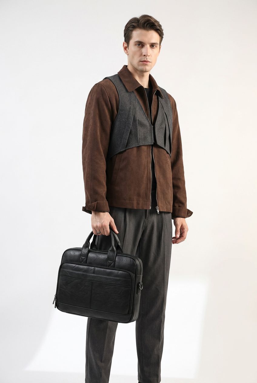 Man holding black leather briefcase Aethel in studio