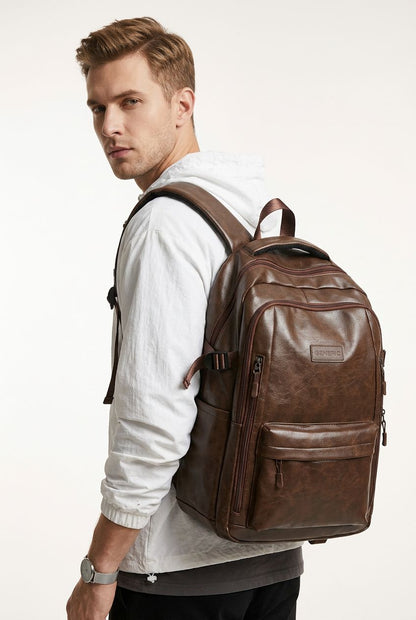 Mochila PU Leather NordicVoyage marrom vista traseira com zíper e alças