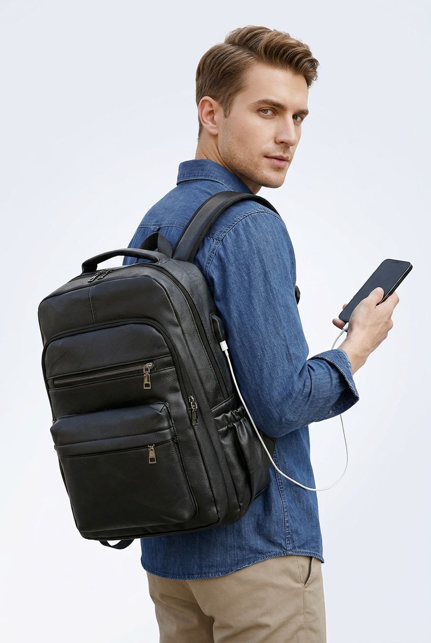 Male model wearing NordEdge leather crossbody bag dark brown