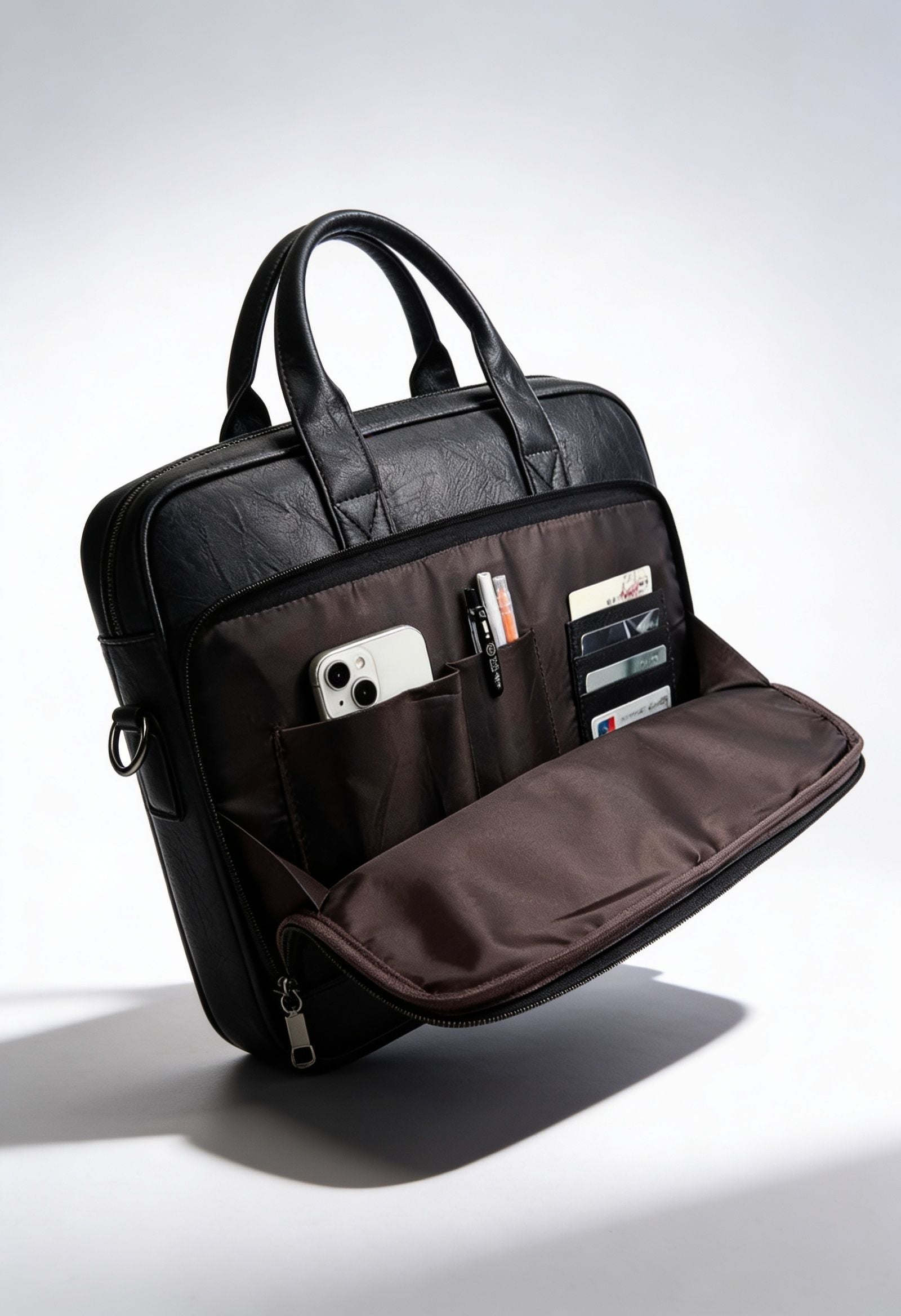 Black leather briefcase Aethel open with internal organization for laptop and accessories