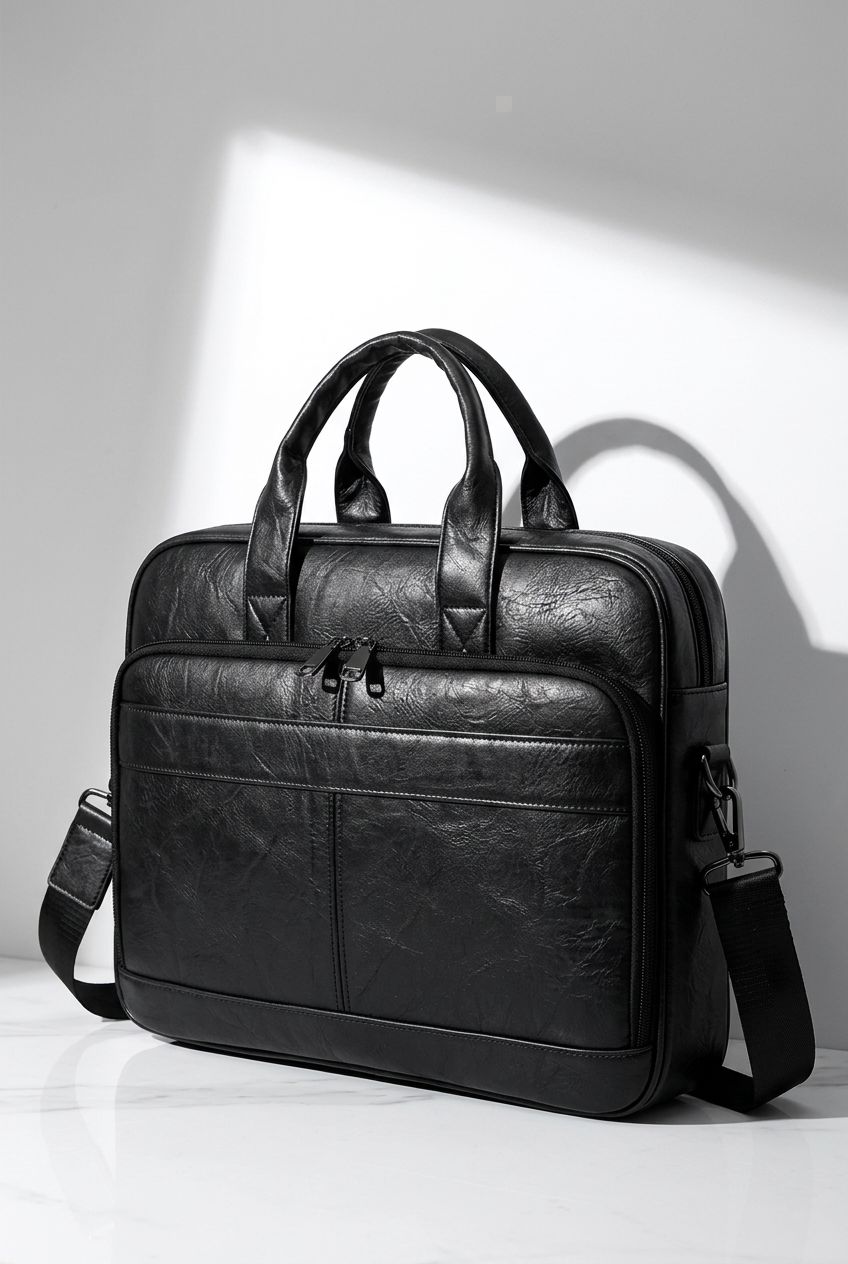 Black leather briefcase Aethel front view with shoulder strap