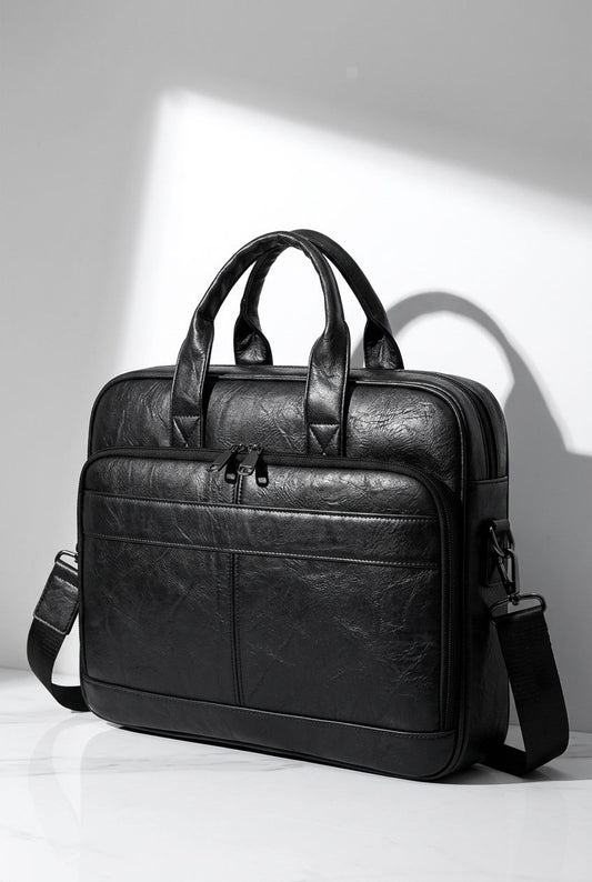 Black leather briefcase Aethel front view with shoulder strap