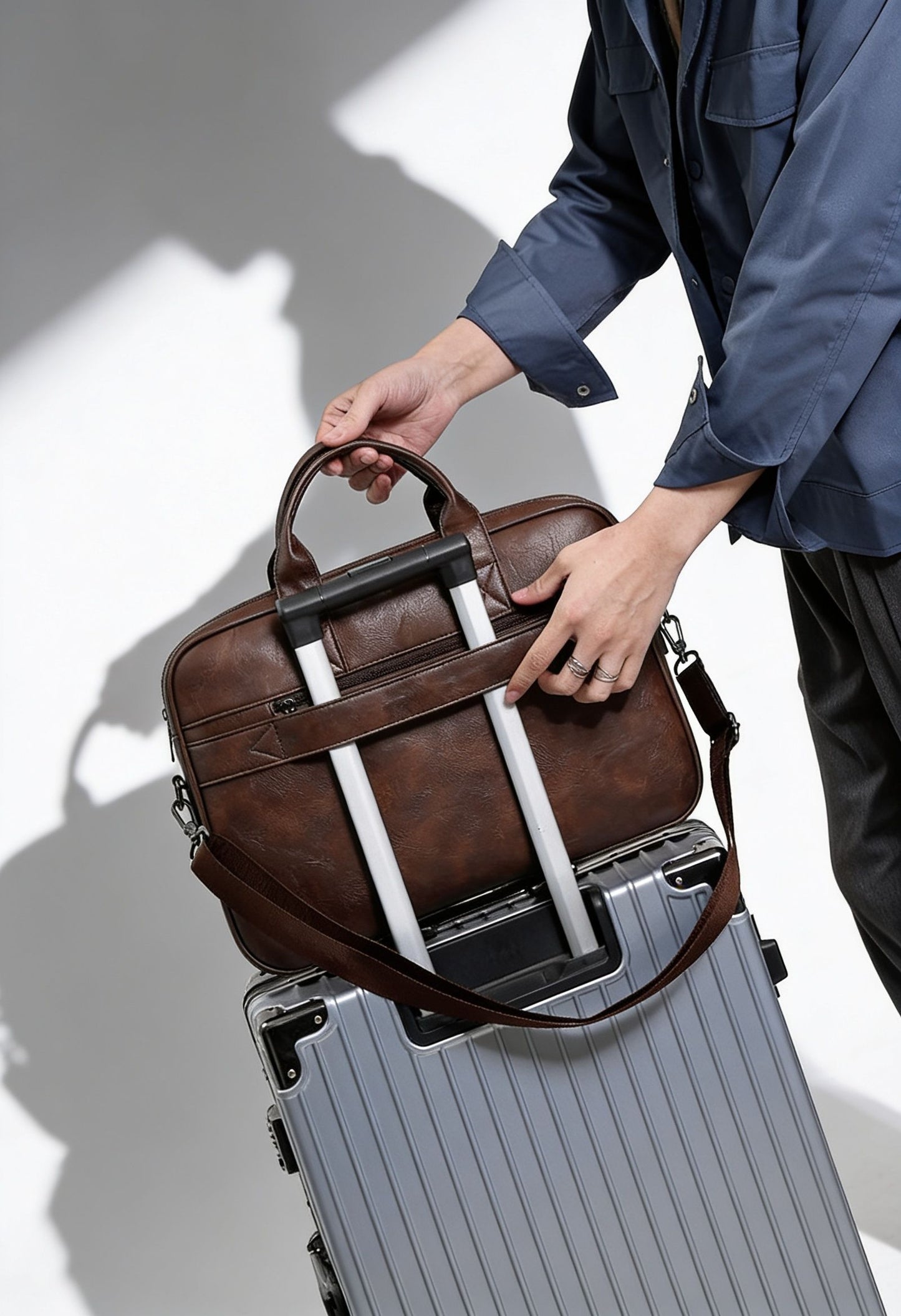 Man placing brown leather briefcase Aethel on rolling suitcase for travel