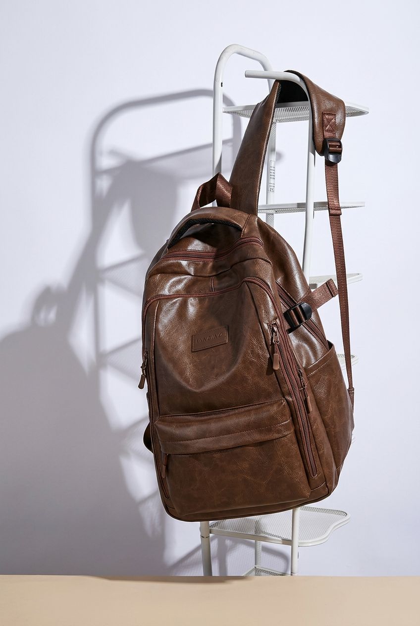 Mochila PU Leather NordicVoyage marrom vista frontal com alças e bolsos
