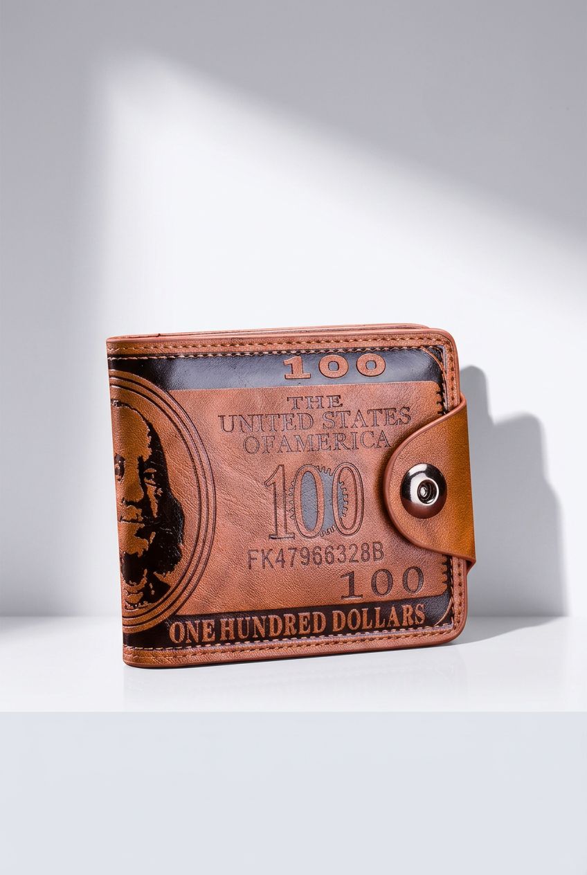 Carteira masculina bifold de couro marrom com fecho de botão, design de nota de 100 dólares em relevo e dimensões visíveis, com caixa de café ao fundo