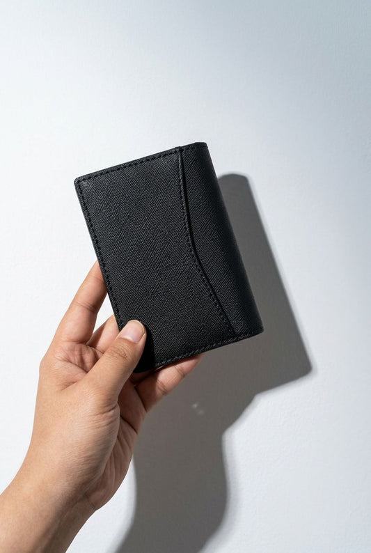 Porta-cartões de couro AuraFold preto, vista frontal com cartão, perfil lateral slim e interior com múltiplos slots, dimensões 11x15.5cm