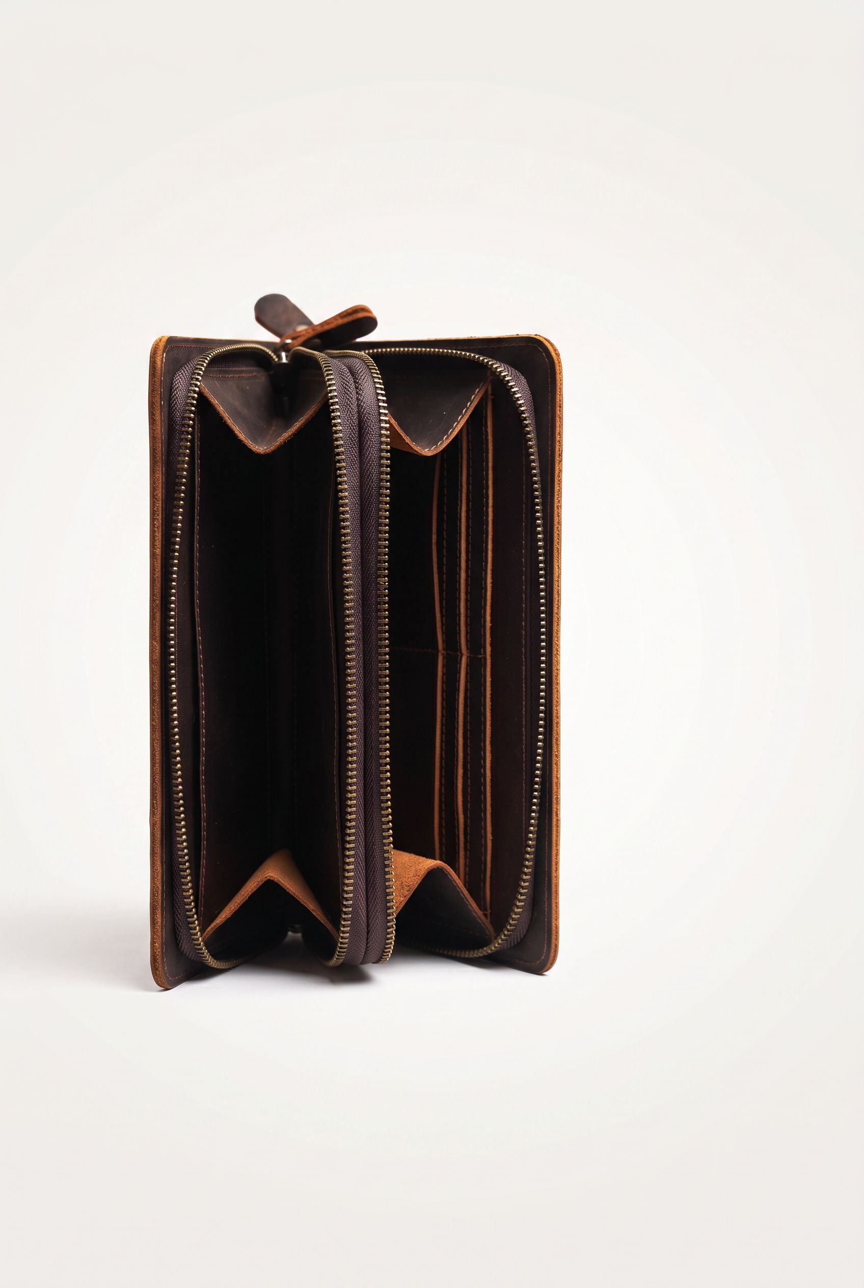 Detail of the genuine leather texture on the vintage clutch wallet