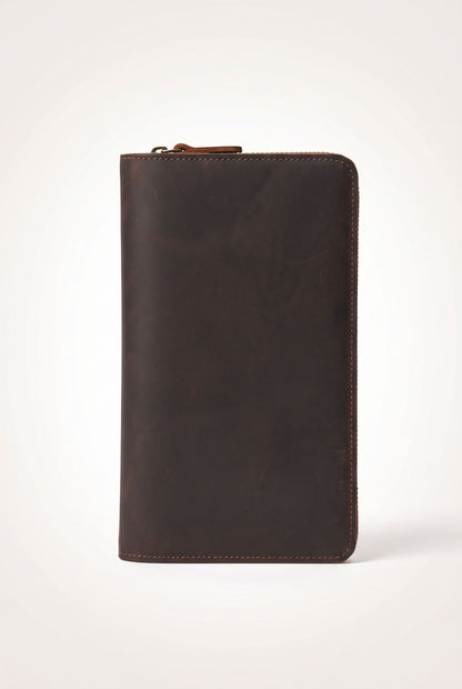 Detail of the genuine leather texture on the vintage clutch wallet