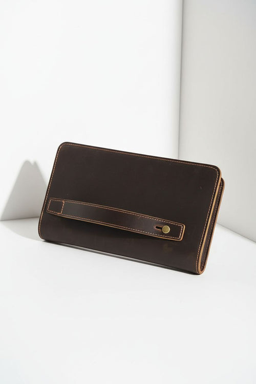Genuine leather clutch wallet, front view, vintage style