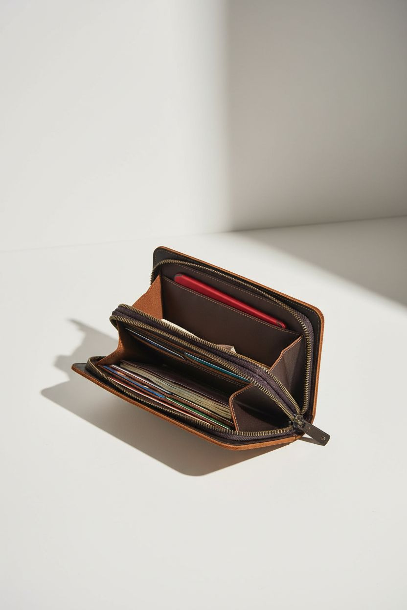 Genuine leather card bag with wrist strap, showcasing its features