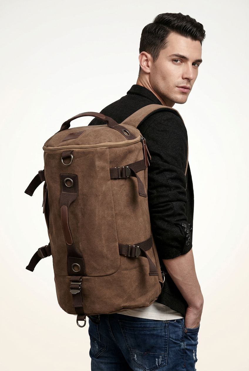 Large capacity canvas backpack, front view, ideal for travel and outdoor adventures.