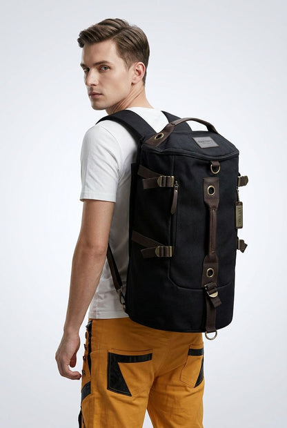 Mens multi-functional travel bag, side view, showing spacious compartments.