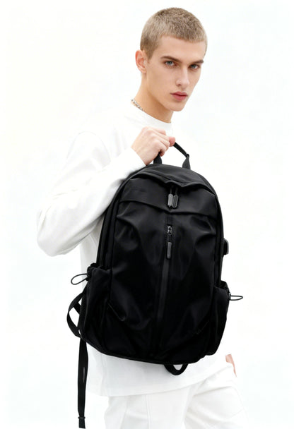 Front view of Men Business Backpack, black Oxford cloth, sleek design.