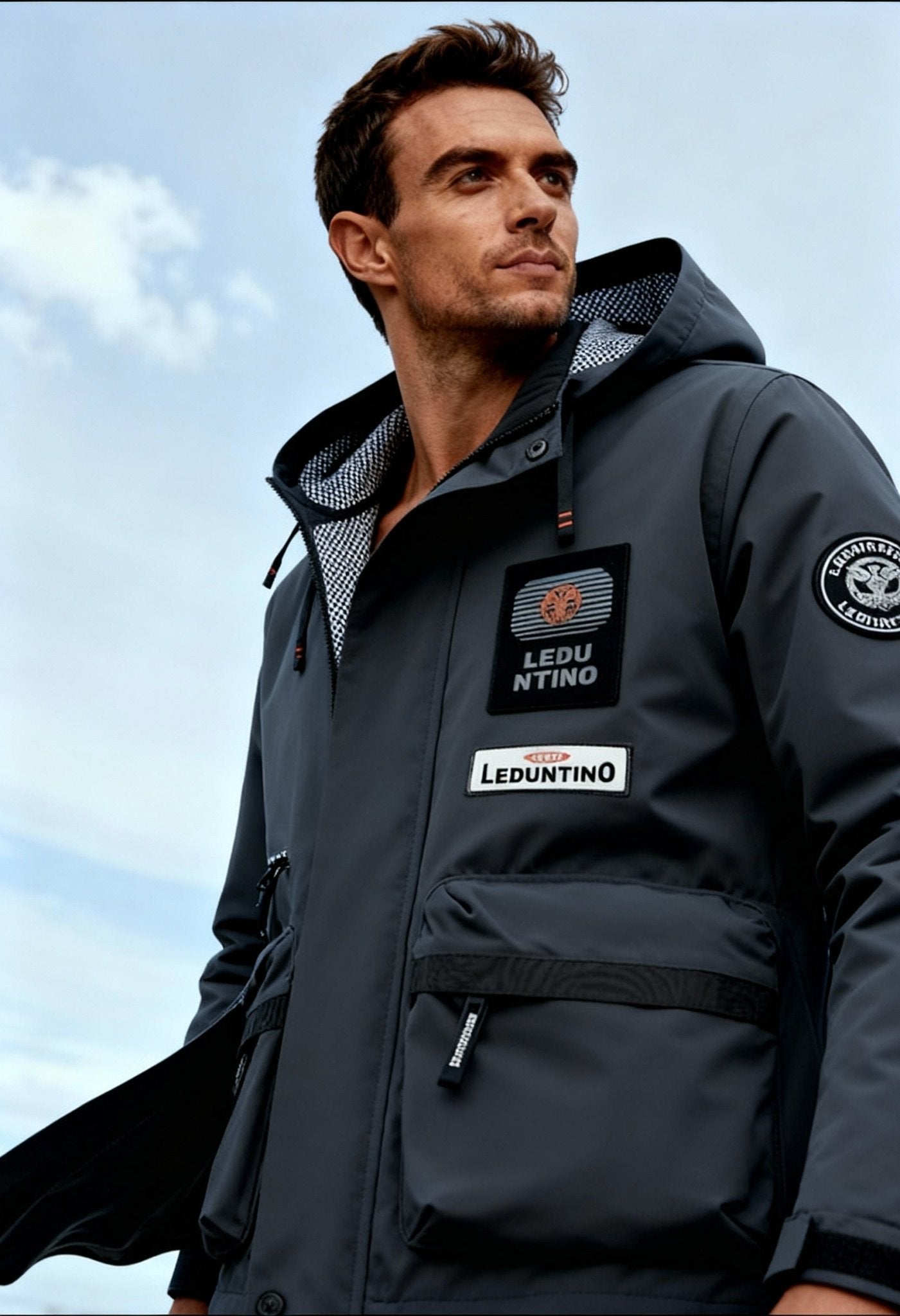 men’s winter parka worn by model Menloft