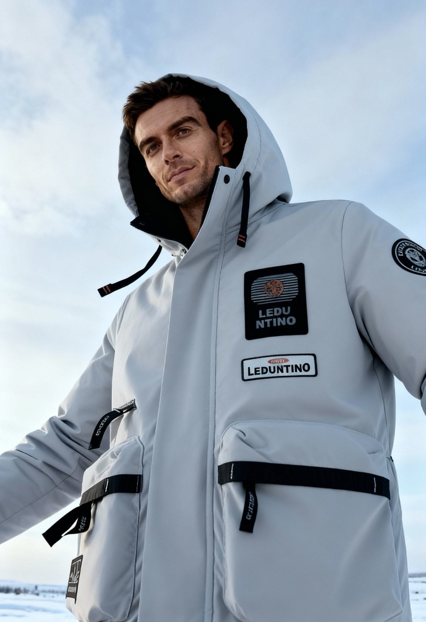 men’s winter parka zipper close detail