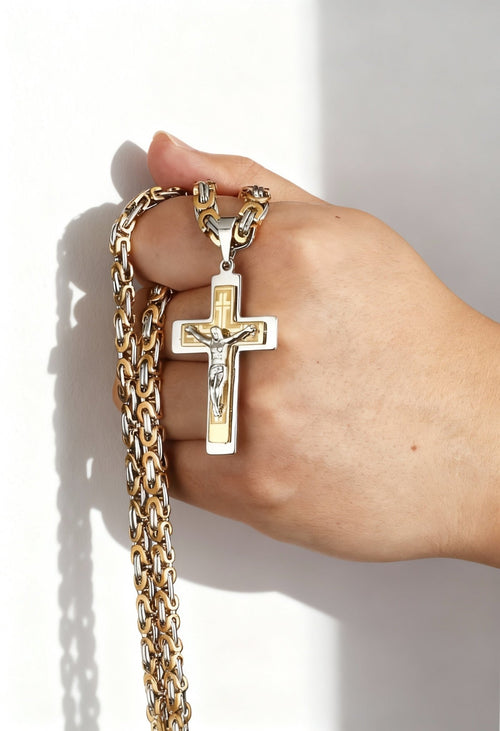 Men's Gold - Tone Triple Cross Necklace - Timeless Elegance - Menloft