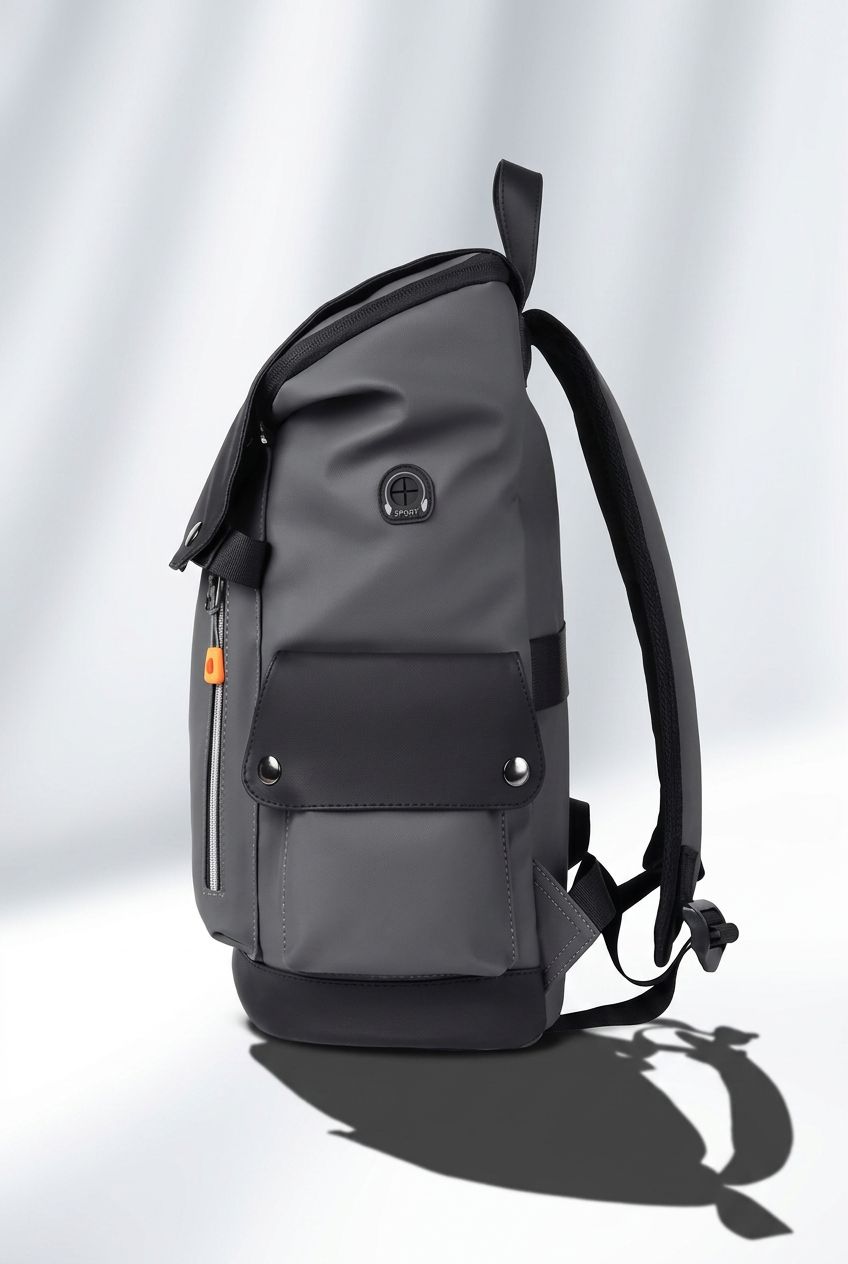 Men's backpack on desk, ideal for work or study