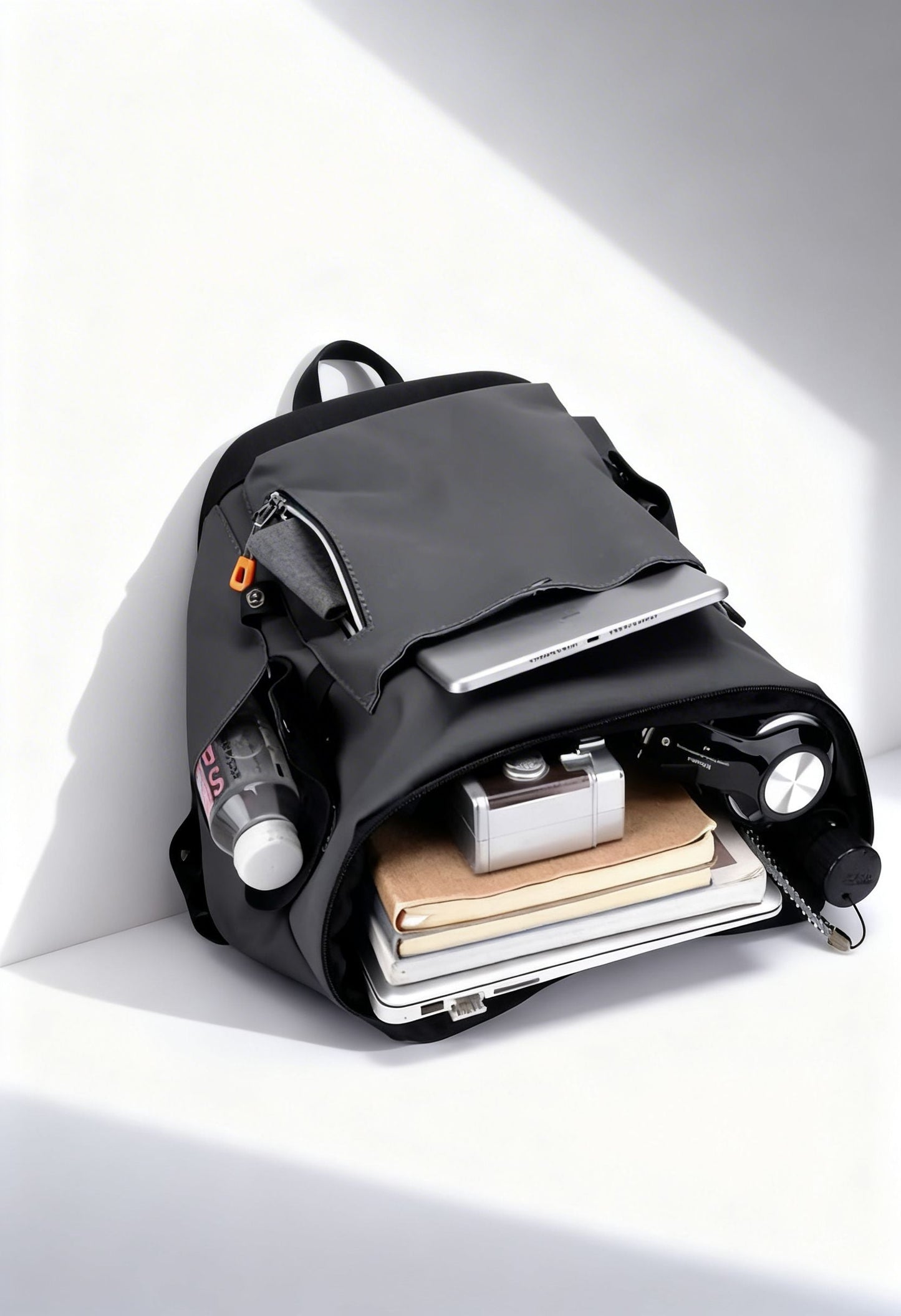 Interior view of large capacity men's backpack, multiple compartments