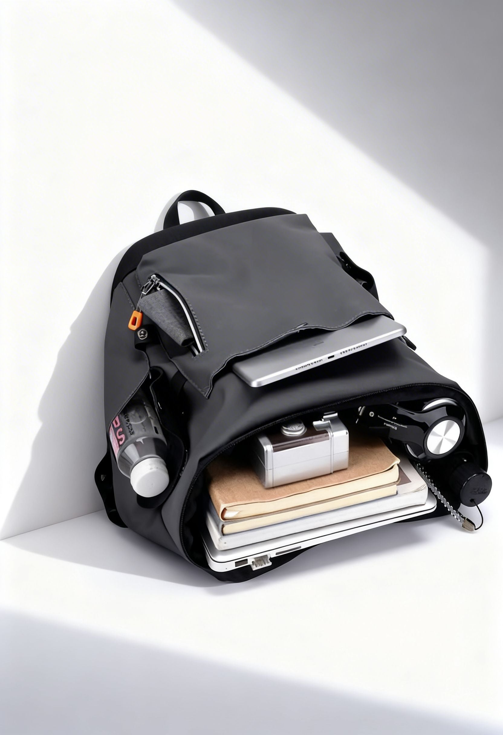 Interior view of large capacity men's backpack, multiple compartments