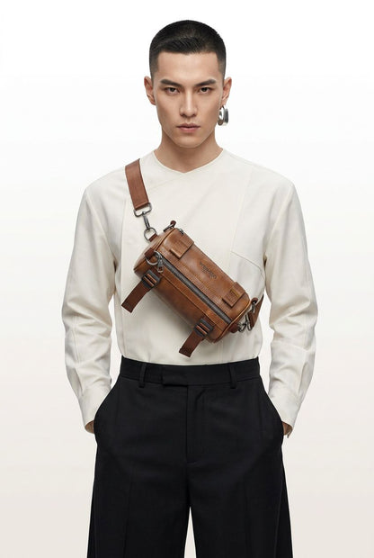 Menloft men's shoulder handbag, back view, adjustable strap, premium synthetic leather