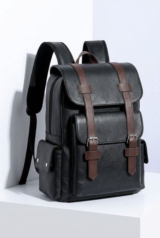 Back view of men's laptop backpack with padded straps for comfort, made from high-quality PU leather.