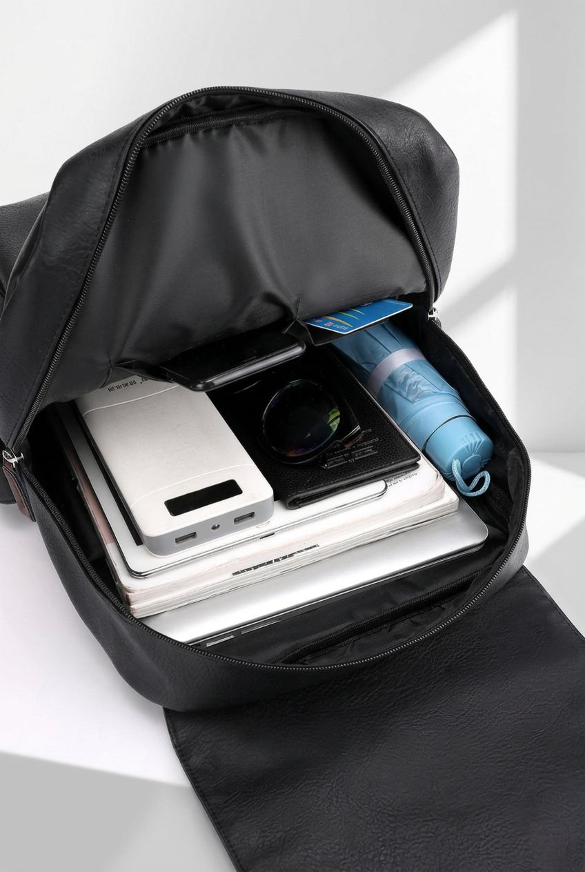 Dedicated laptop compartment inside the men's large PU leather backpack, offering secure and padded protection.