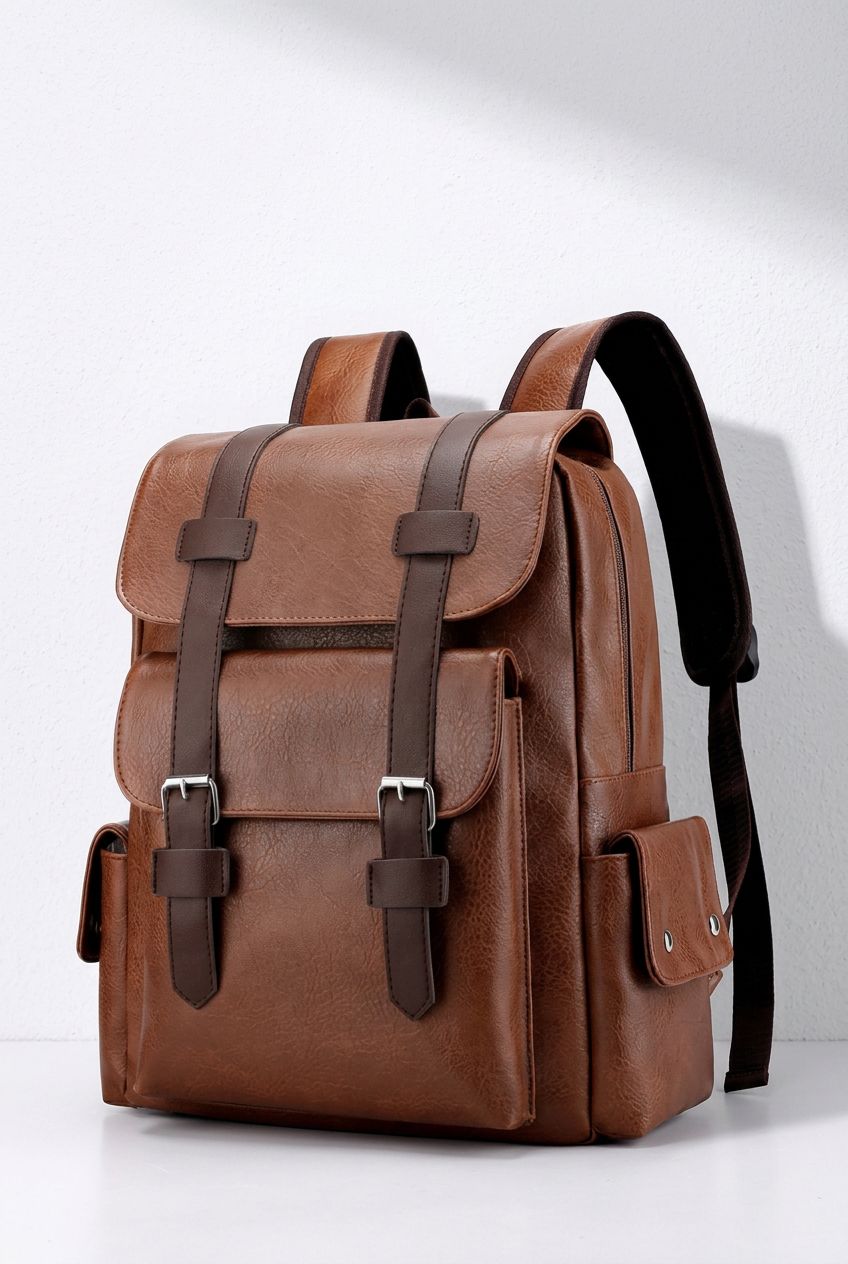 Interior view of spacious men's PU leather backpack, featuring multiple compartments and secure laptop sleeve.