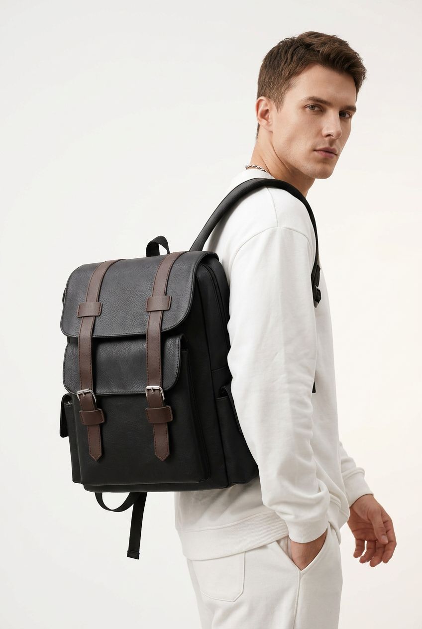 Front view of men's premium PU leather laptop backpack in black, sleek design, perfect for business and travel.