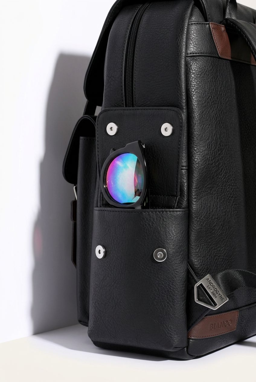 Lifestyle shot of a man wearing the stylish PU leather laptop backpack, ideal for urban commutes and travel.