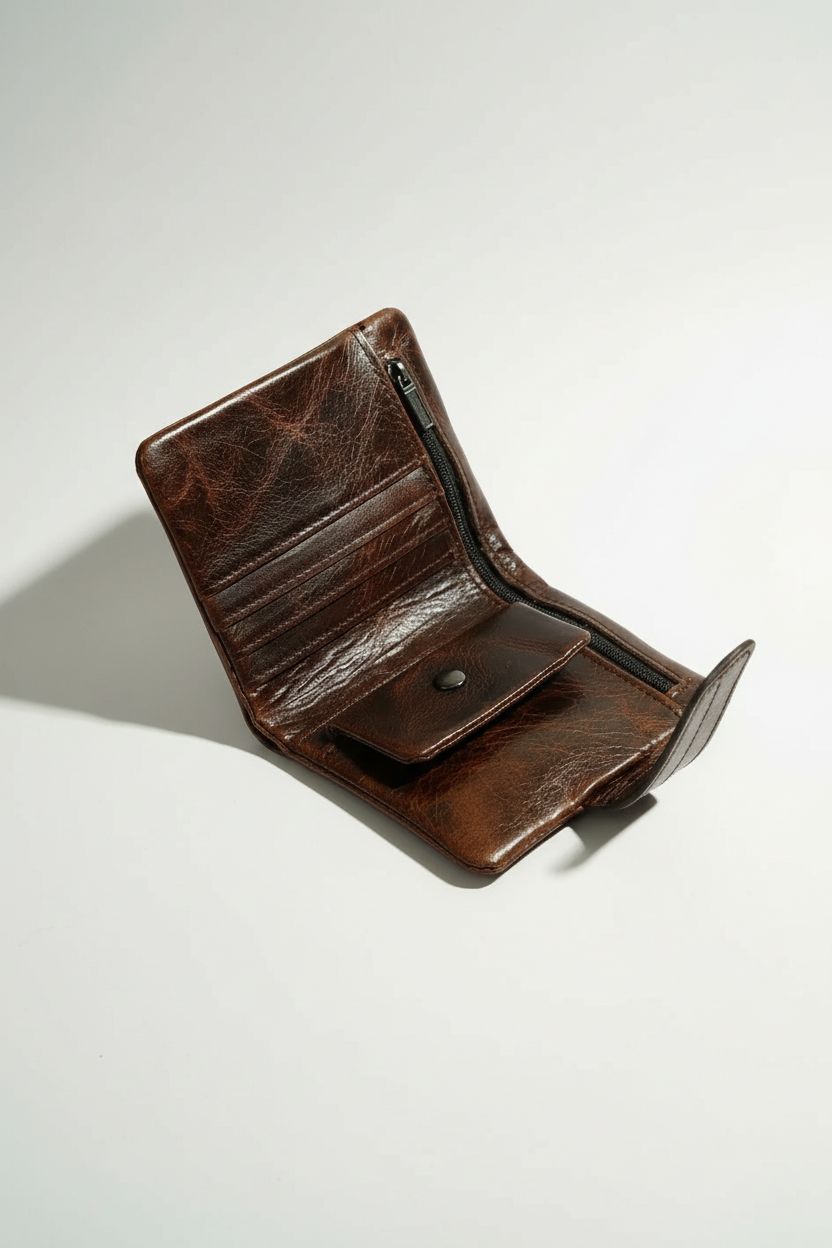 Lifestyle shot of vintage mens leather wallet in a business setting.