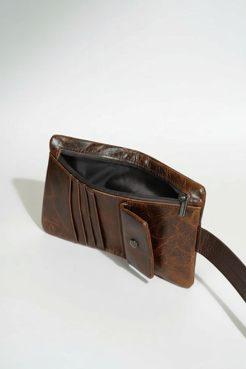 Open view of mens leather wallet showing card slots and money compartment.
