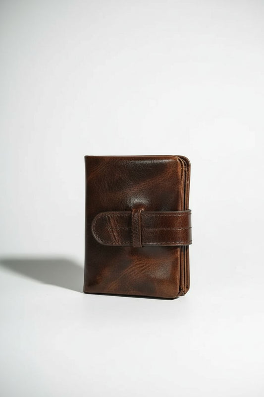 Detailed view of handmade mens leather wallet stitching and texture.