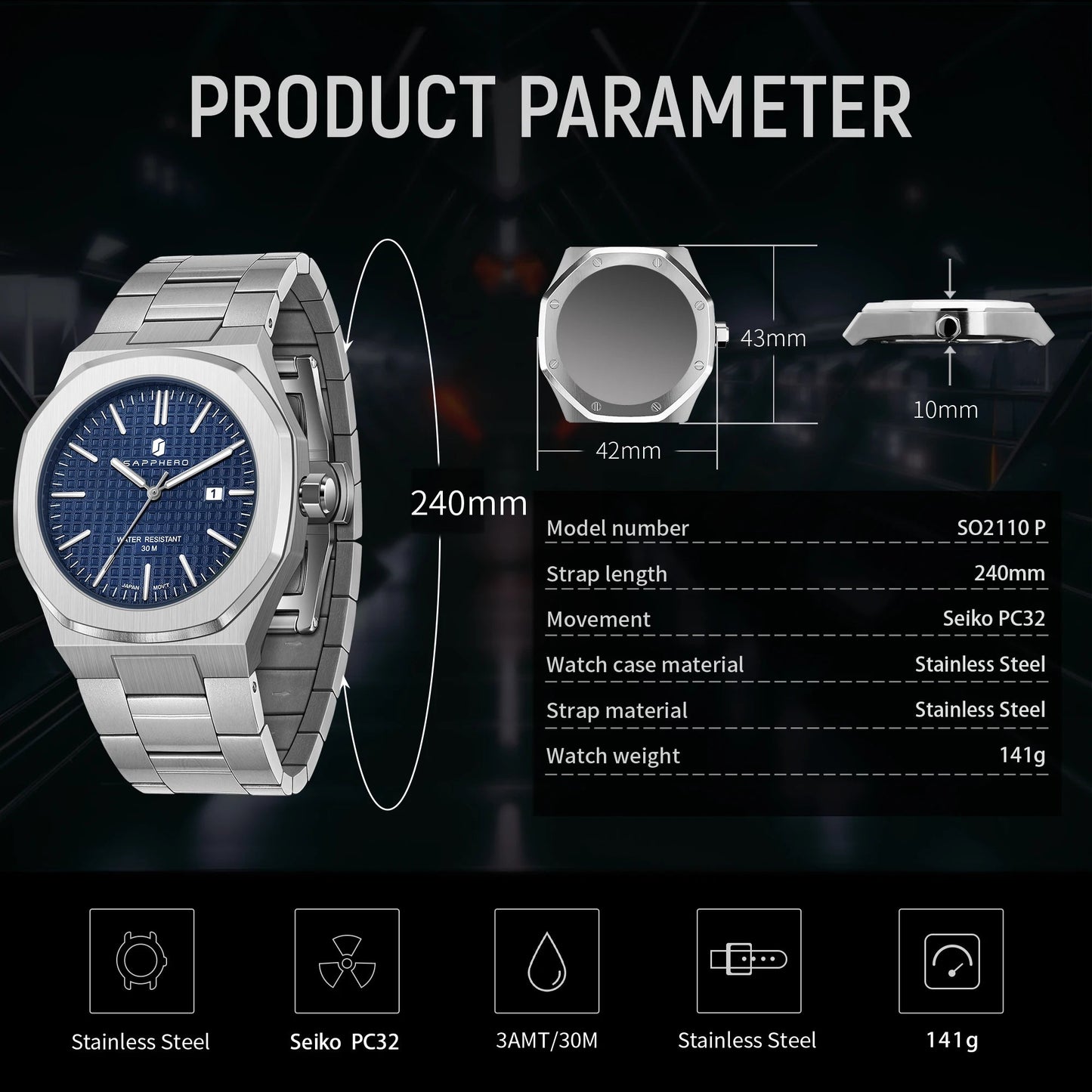 SAPPHERO Chronograph: Elegance & Precision for Modern Men - MENLOFT LLC