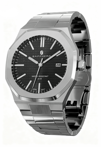 men’s chronograph watch worn by model Menloft