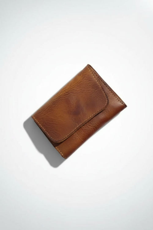 Front view of vintage genuine leather coin purse and slim wallet for men