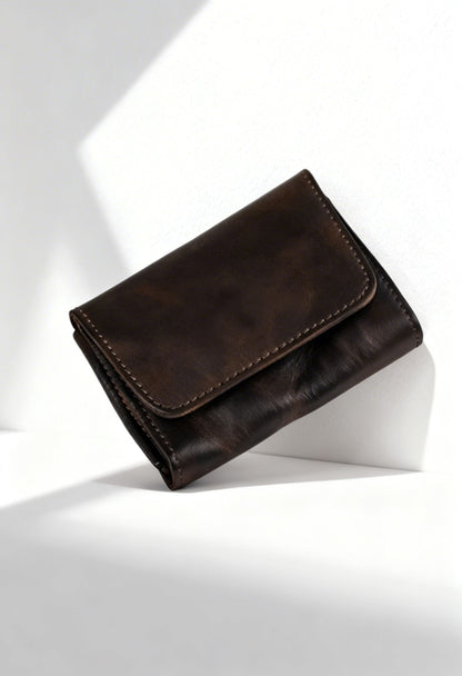 Detailed view of the handcrafted stitching and genuine leather texture of the wallet
