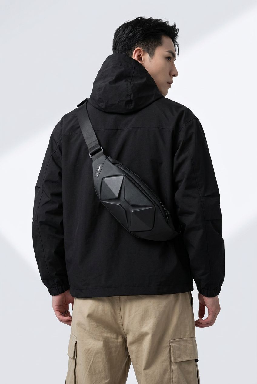 Front view of a black waterproof waist pack, ideal for travel and daily use.