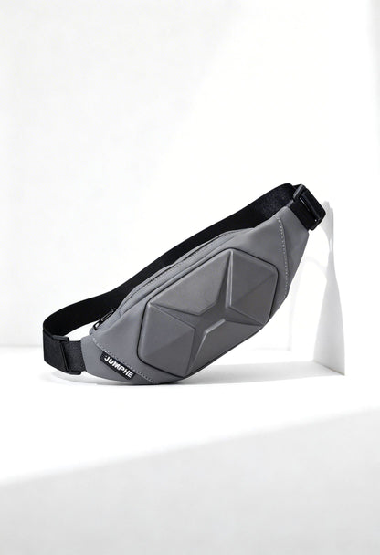 Angled view of the waterproof waist pack, showcasing its durable material and secure zippers.